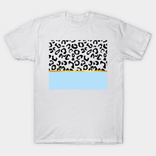 Black and white leopard print on light blue, golden lining T-Shirt